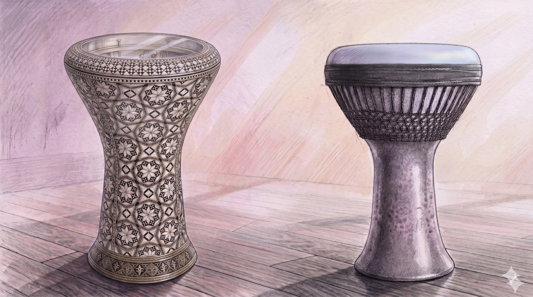 Two darbukas side by side: on the right a clay darbuka with a natural skin head; on the left a metal darbuka with mother-of-pearl inlay and a synthetic head.