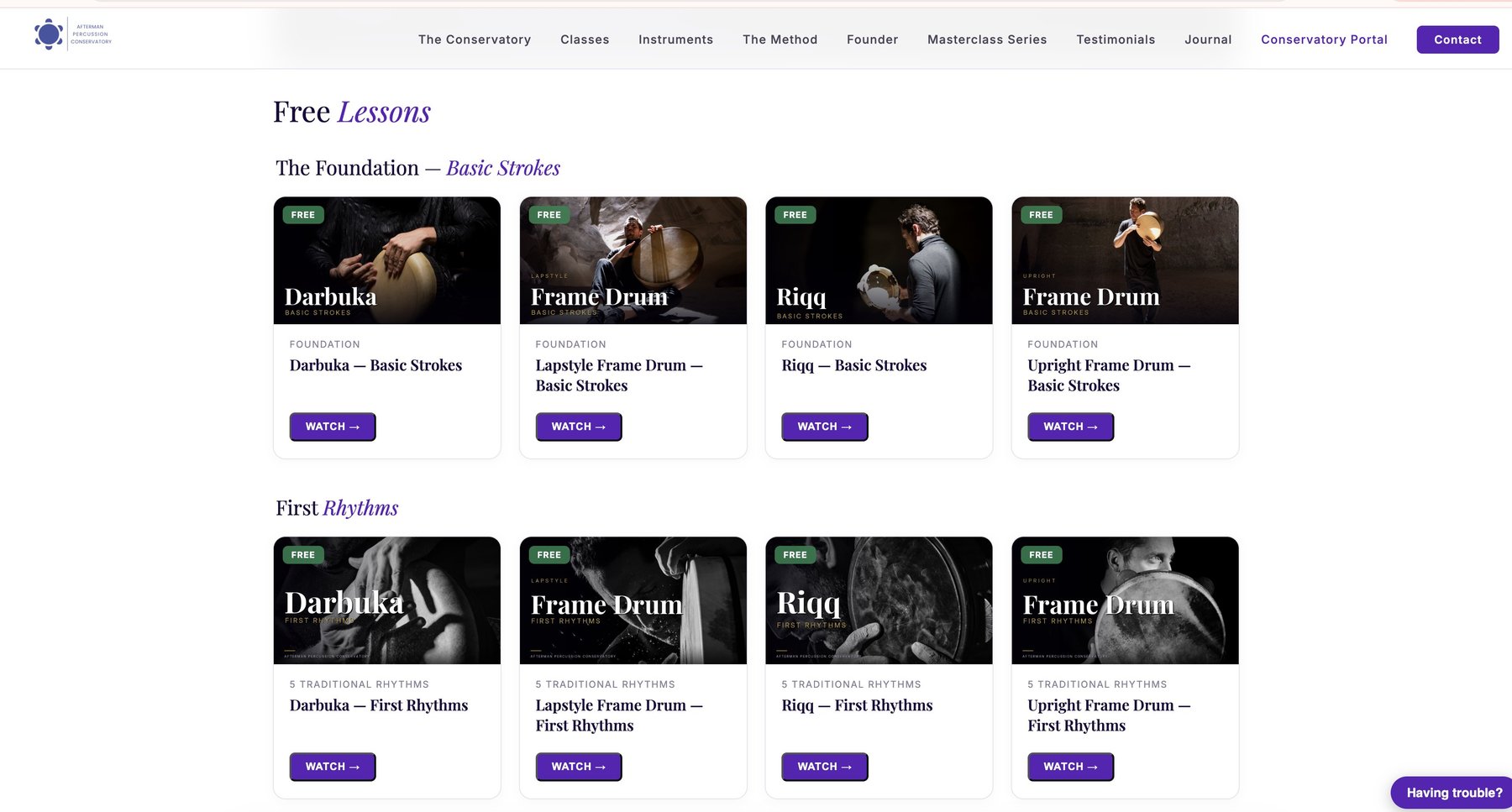 Free lessons inside the Conservatory portal — Darbuka, Frame Drum, Riqq and Upright, basic strokes and first rhythms, each marked Free