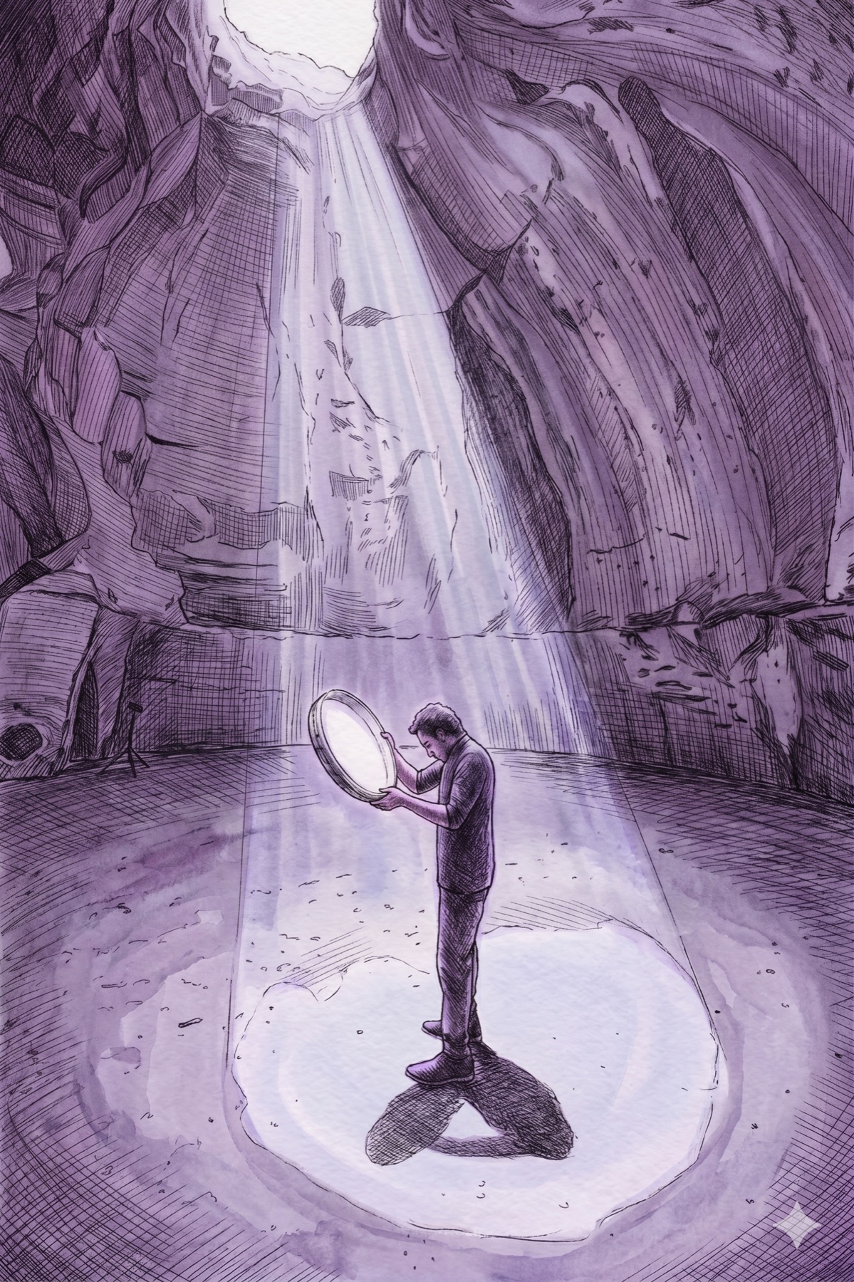A lone musician in a cave, holding a frame drum in a shaft of light