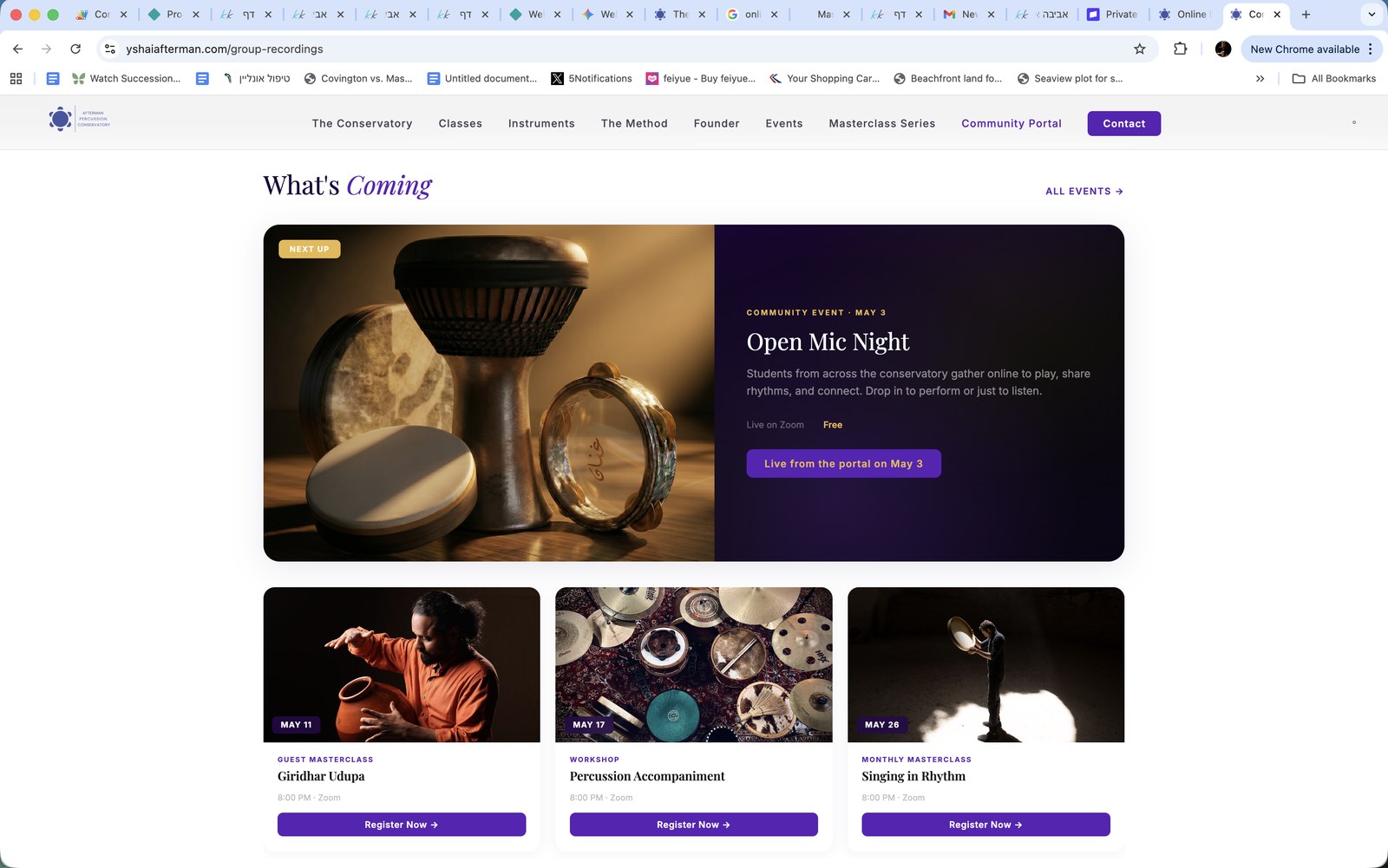 The Community Portal events feed showing upcoming masterclasses, open mic nights, and workshops