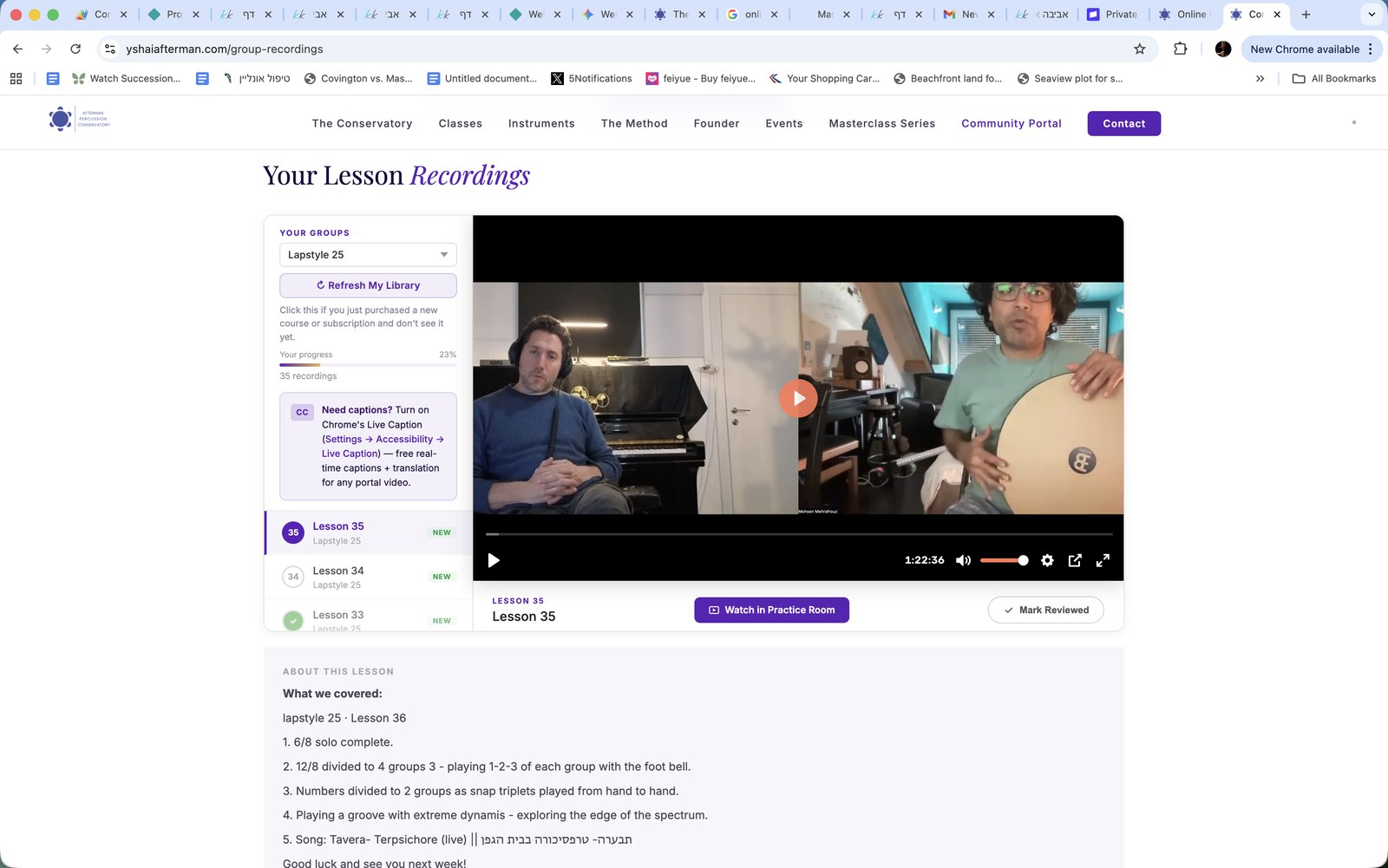 The lesson player showing the video, notation, and lesson notes for a recorded session